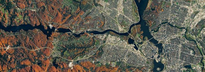 Orange tree leaves cover the left side of the aerial image of Ottawa, Canada. To the right, streets, buildings, and other city infrastructure is visible. A waterway splits the image horizontally through the middle; another river also travels from top to bottom slightly right of center.