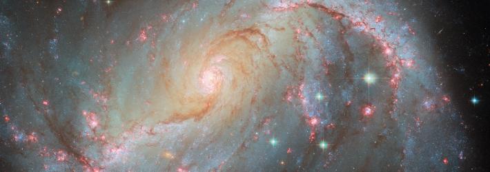 A spiral galaxy with an oval-shaped disk. Two large arms curve out away from the ends of the disk. Bright pink patches and dark reddish threads of dust fill the arms. The bright pink patches indicate where stars are forming. The core is very bright and filled with stars. Some large stars appear in front of the galaxy. Directly under the point where the right arm joins the disk, a fading supernova is visible as a green dot.